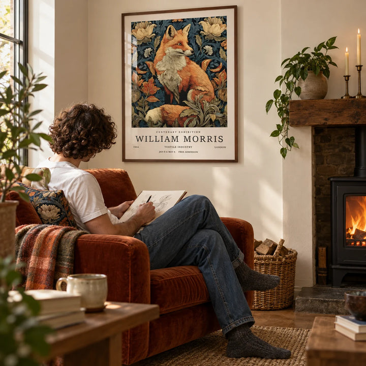 William Morris Fox Print, framed on the wall of a warm fireside reading corner with a cream wall in a living room