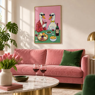 Wine And Cheese Poster, framed on the wall of a fun living room with a warm white wall