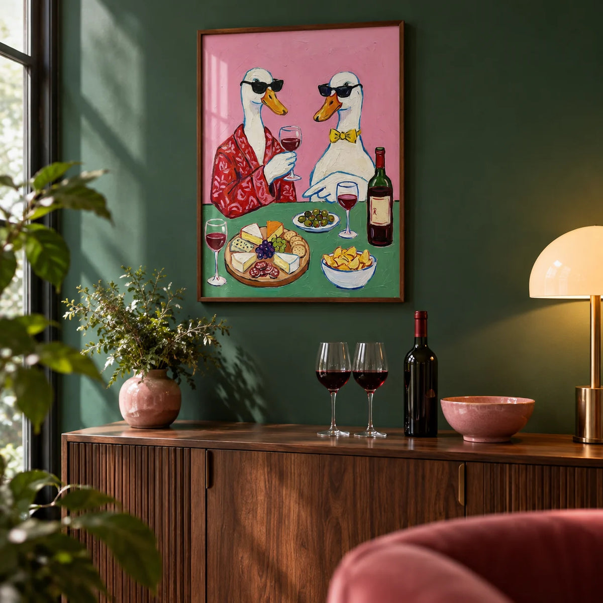 Wine And Cheese Poster, framed on the wall of a home bar corner with a deep green painted wall in a living room
