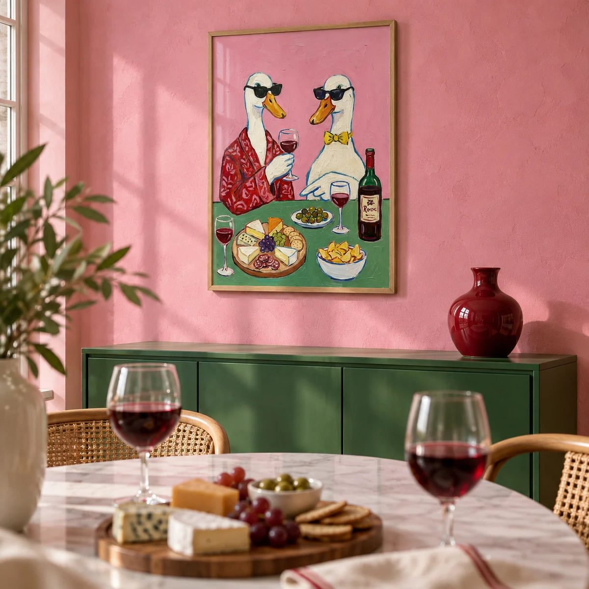 Wine And Cheese Poster, framed on the wall of a playful bistro-style dining room with a bubblegum pink limewashed wall