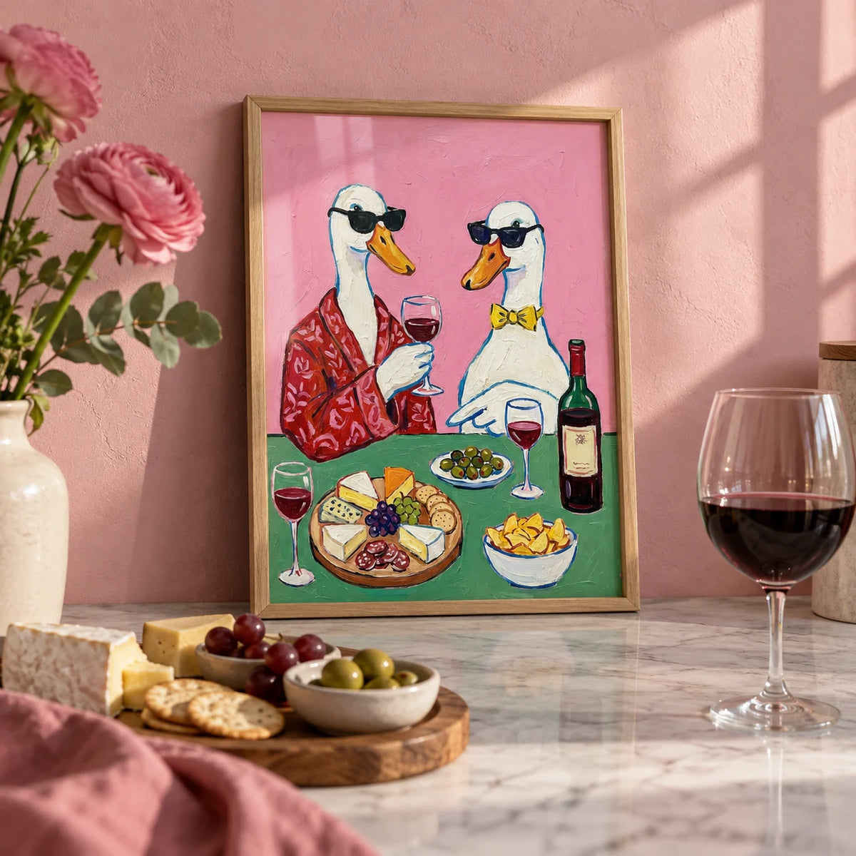 Wine And Cheese Poster, a small A4 framed print leaning on a marble worktop in a kitchen