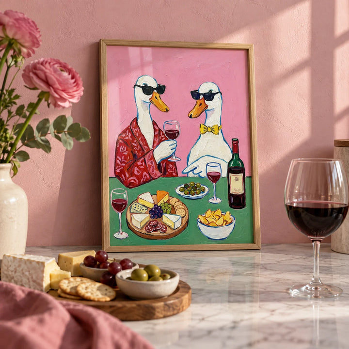 Wine And Cheese Poster, a small A4 framed print leaning on a marble worktop in a kitchen