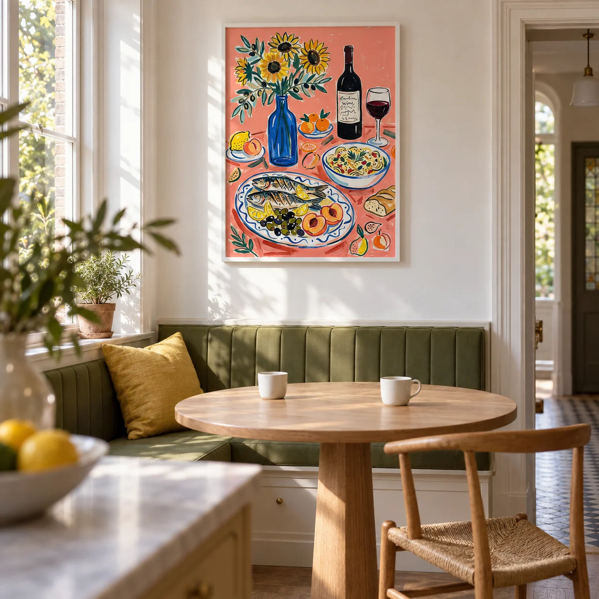 Wine And Seafood Decor, framed on the wall of a compact eat-in kitchen in a Victorian terrace with a white wall and a built-in olive green banquette