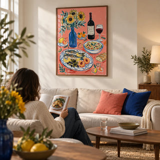 Wine And Seafood Decor, framed on the wall of a relaxed contemporary living room in a UK flat with warm white walls and walnut furniture