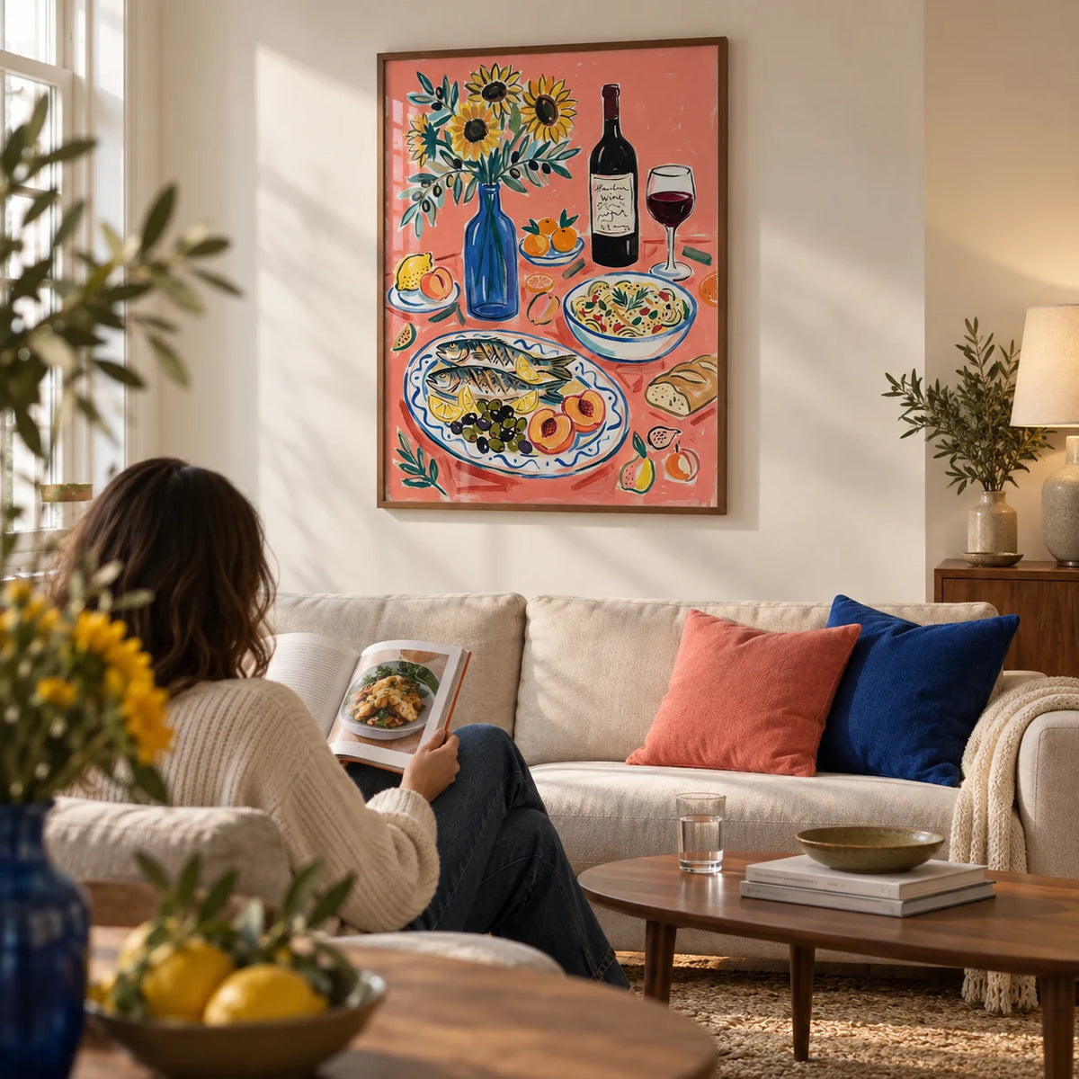 Wine And Seafood Decor, framed on the wall of a relaxed contemporary living room in a UK flat with warm white walls and walnut furniture