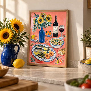 Wine And Seafood Decor, a small A4 framed print leaning on a pale stone kitchen worktop