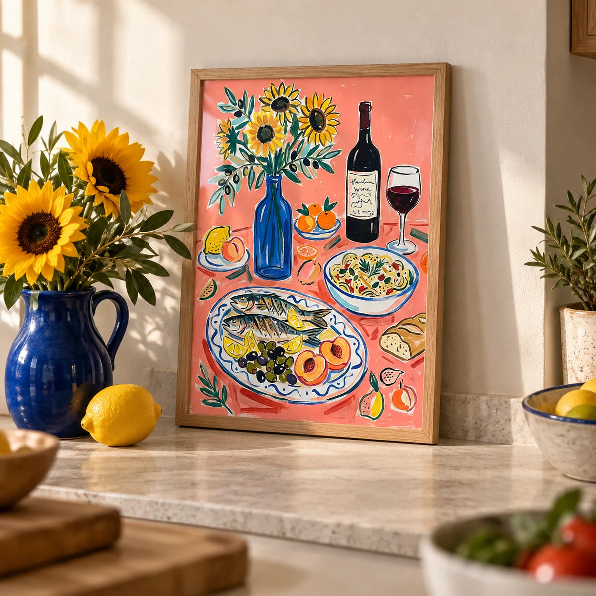 Wine And Seafood Decor, a small A4 framed print leaning on a pale stone kitchen worktop