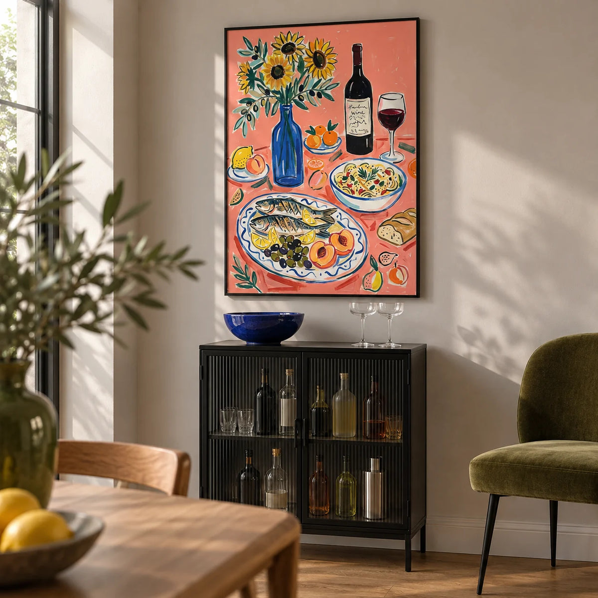 Wine And Seafood Decor, framed on the wall of a small home bar corner within a design-led dining room with a pale warm grey wall