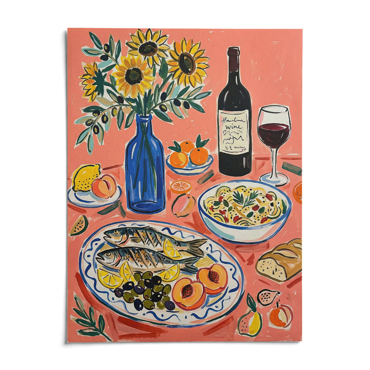 Wine And Seafood Decor, shown as an unframed paper print on a plain white background