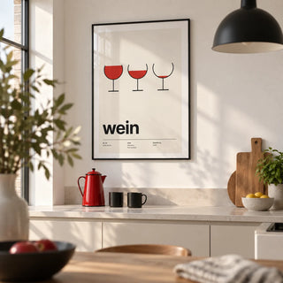 Wine Poster, framed on the wall of a crisp kitchen in a city flat for a couple aged 25-35