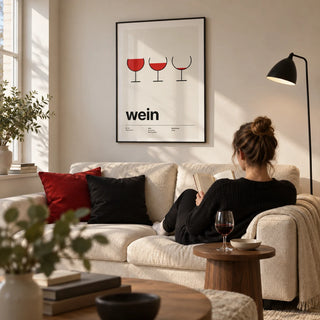 Wine Poster, framed on the wall of a design-led living room in a UK first flat for adults aged 25-35
