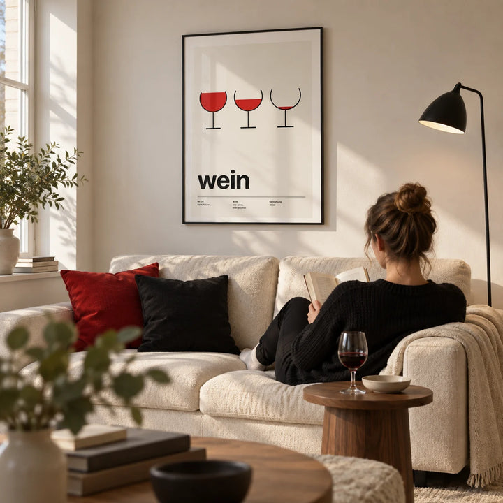 Wine Poster, framed on the wall of a design-led living room in a UK first flat for adults aged 25-35