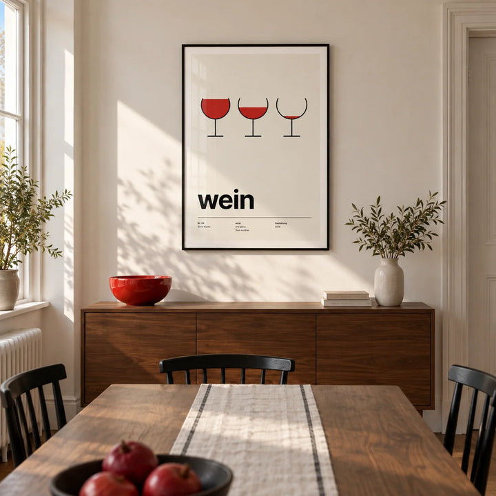 Wine Poster, framed on the wall of a modern dining room in a UK Victorian terrace with warm white walls and walnut floorboards