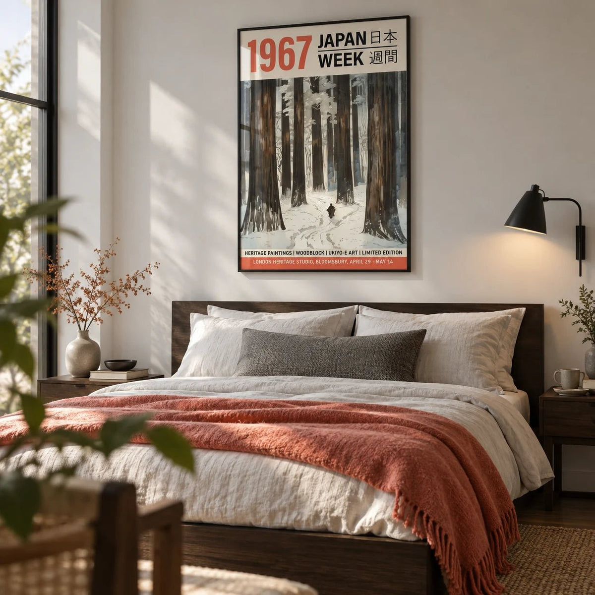 Winter Art Prints, framed on the wall of a crisp modern bedroom