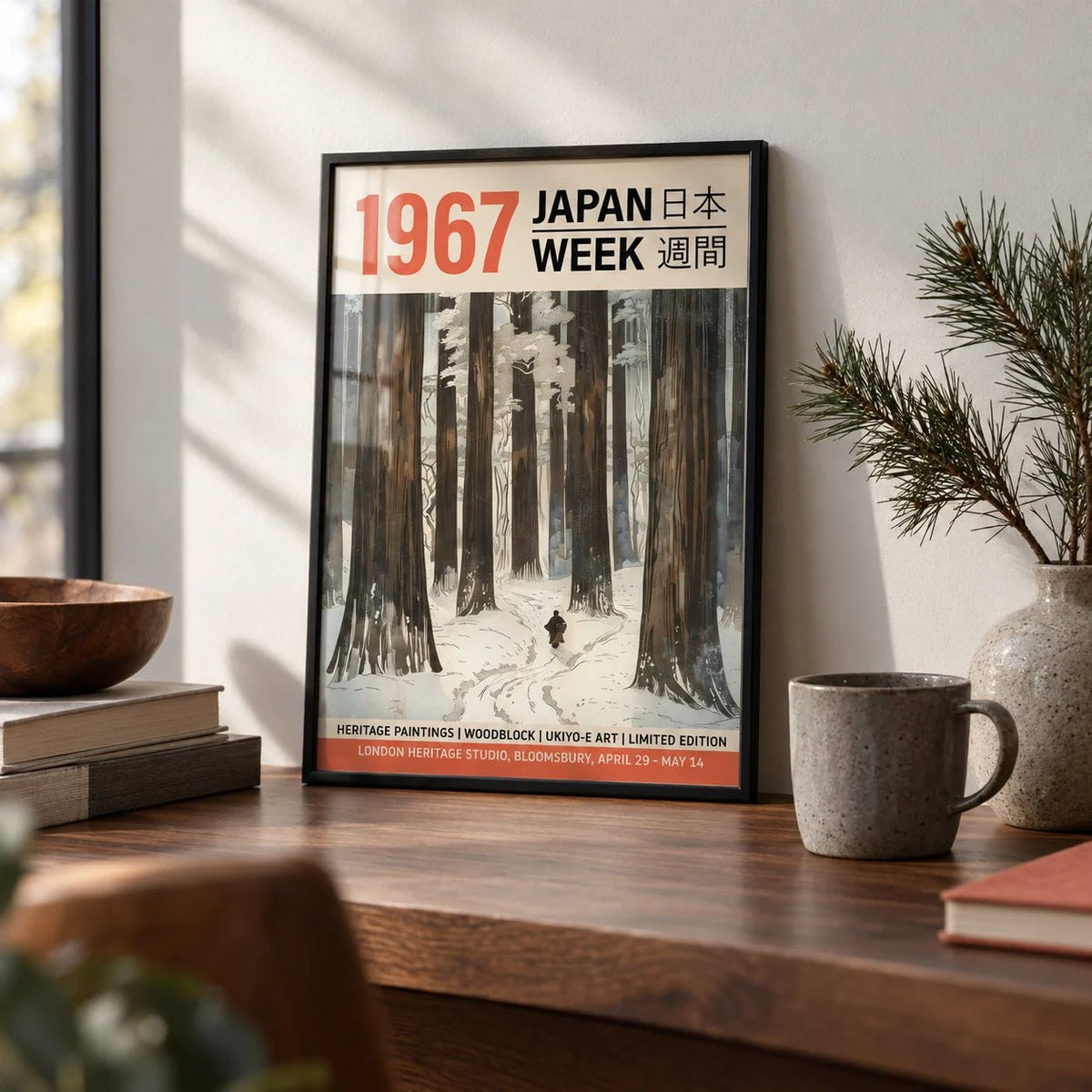 Winter Art Prints, a small A4 framed print leaning on a walnut desk