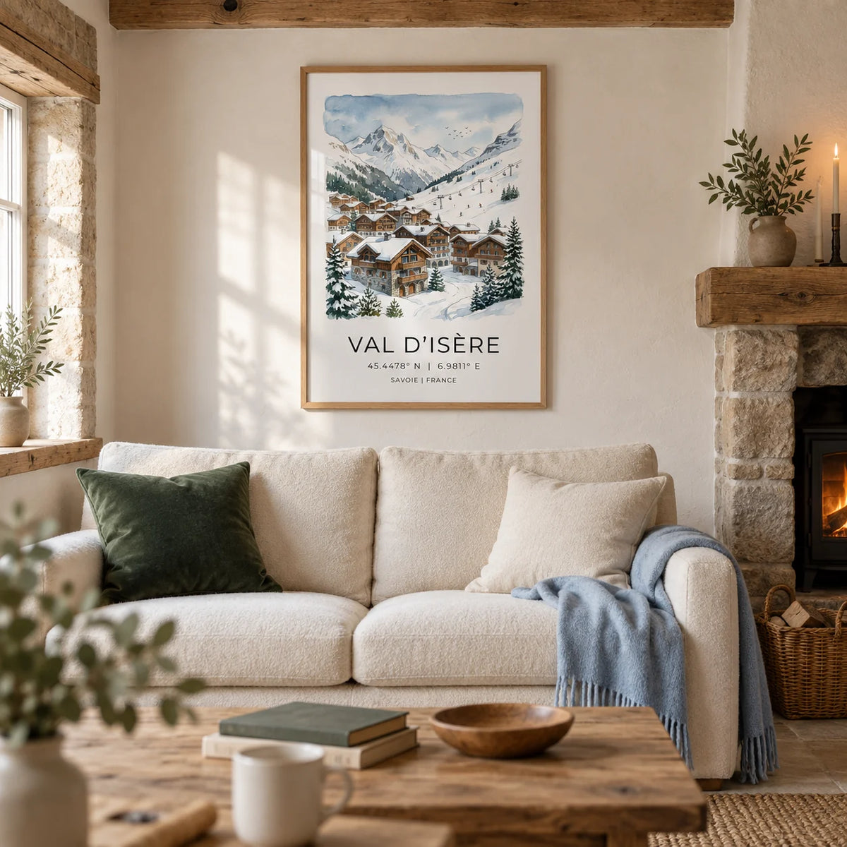 Winter Landscape Art Print, framed on the wall of a cosy living room in a UK stone cottage with warm white plaster walls