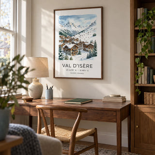 Winter Landscape Art Print, framed on the wall of a quiet study in a UK semi-detached home with a warm white wall and a fitted timber bookcase to one side