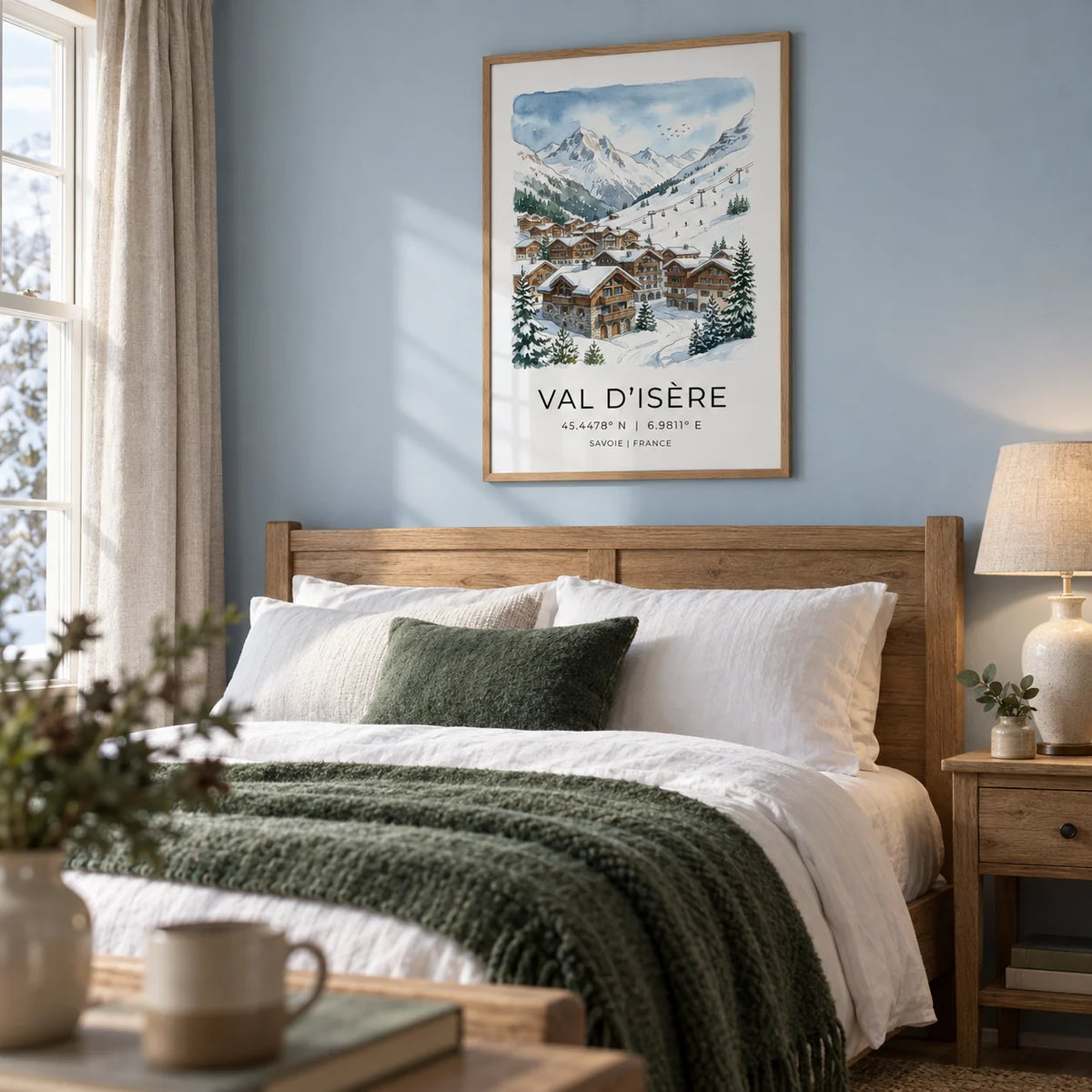 Winter Landscape Art Print, framed on the wall of a restful main bedroom in a UK country home with pale blue walls and natural oak furniture