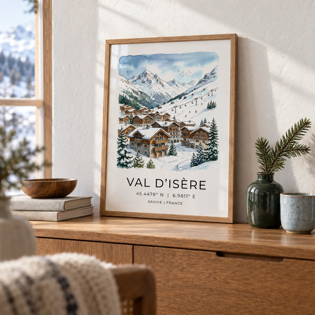 Winter Landscape Art Print, a small A4 framed print leaning on a warm oak sideboard in a living room