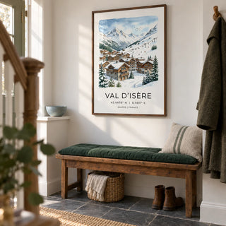 Winter Landscape Art Print, framed on the wall of a welcoming hallway in a UK terraced home with a soft chalk-white wall and plain slate floor