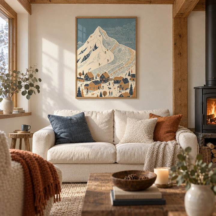 Winter Mountain Art Print, framed on the wall of a cosy chalet-style living room with a cream wall and wooden beams