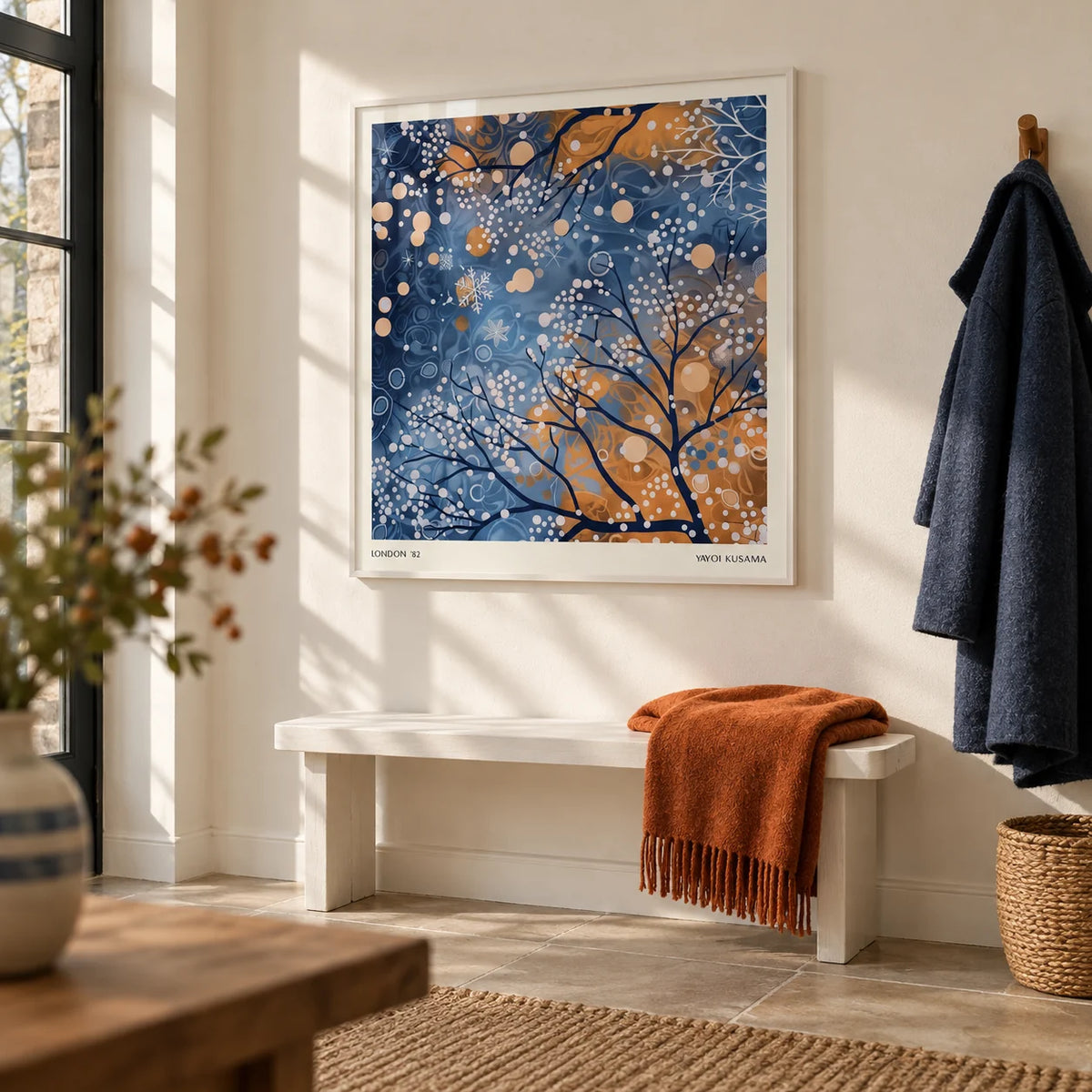 Winter Scene Wall Art, framed on the wall of a bright entrance hall with a pale cream wall and a plain stone floor