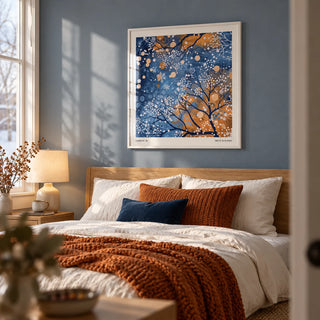 Winter Scene Wall Art, framed on the wall of a calm winter bedroom with a soft blue grey wall