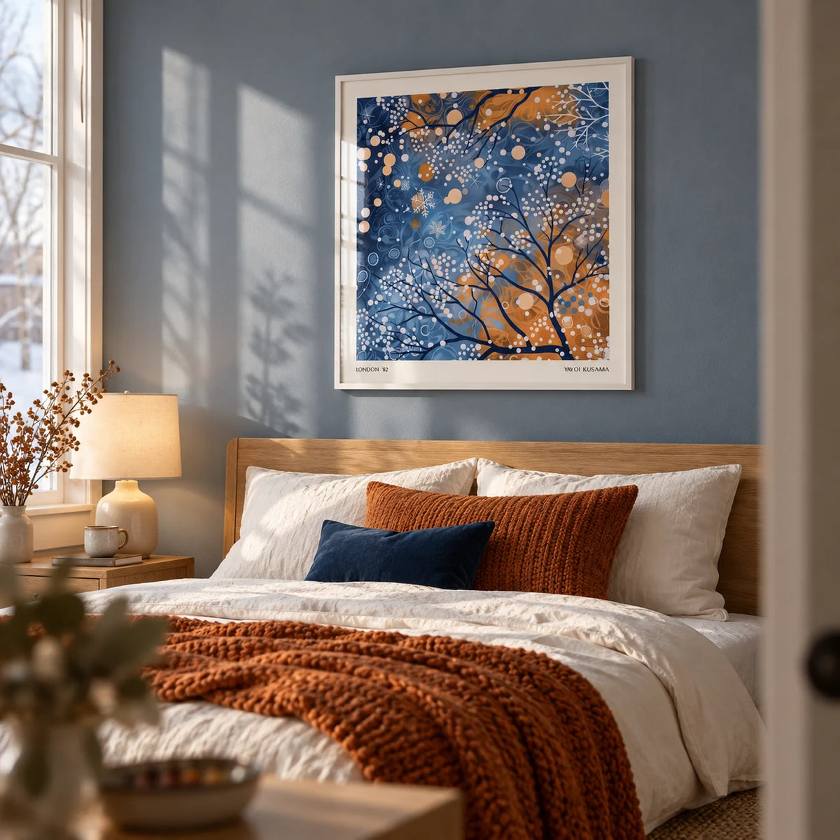 Winter Scene Wall Art, framed on the wall of a calm winter bedroom with a soft blue grey wall