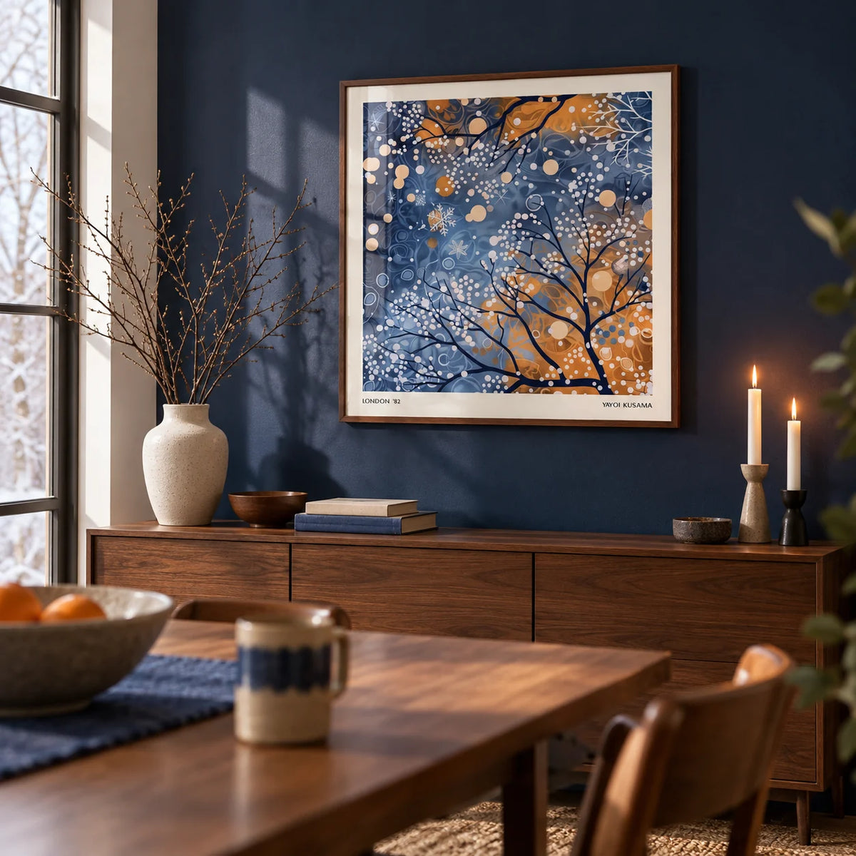 Winter Scene Wall Art, framed on the wall of a modern dining room with a deep navy wall
