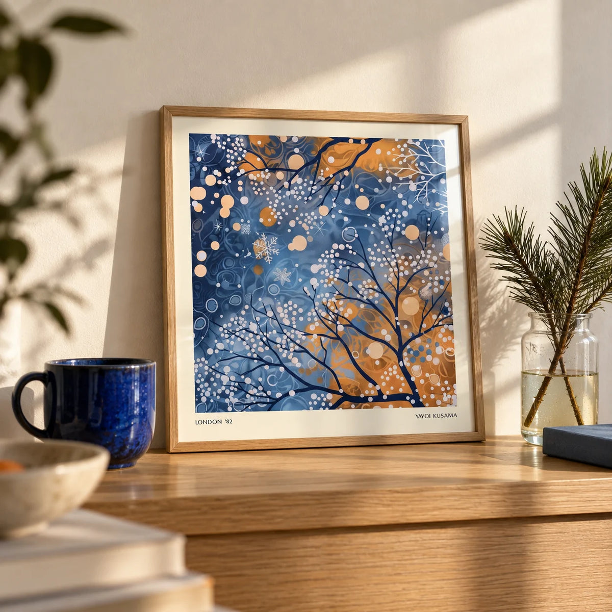 Winter Scene Wall Art, a small A4 framed print leaning on an oak shelf in a living room