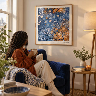 Winter Scene Wall Art, framed on the wall of a snug reading nook in a city flat with a warm white wall in a living room