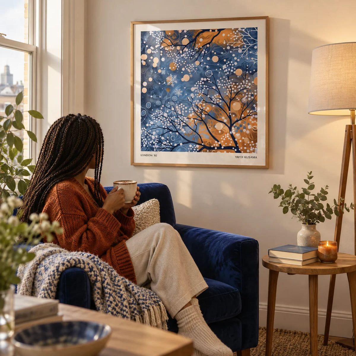 Winter Scene Wall Art, framed on the wall of a snug reading nook in a city flat with a warm white wall in a living room