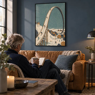 Winter Skiing Art Print, framed on the wall of a cosy man cave with a deep slate blue wall in a living room