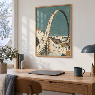 Winter Skiing Art Print, framed on the wall of a home office with a white wall