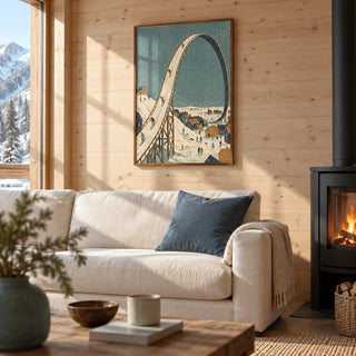 Winter Skiing Art Print, framed on the wall of a modern chalet living room with pale timber walls