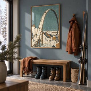 Winter Skiing Art Print, framed on the wall of a ski boot room hallway with a slate blue painted wall