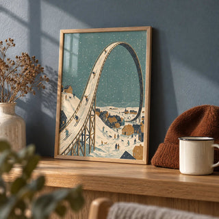 Winter Skiing Art Print, a small A4 framed print leaning on an oak shelf in a living room