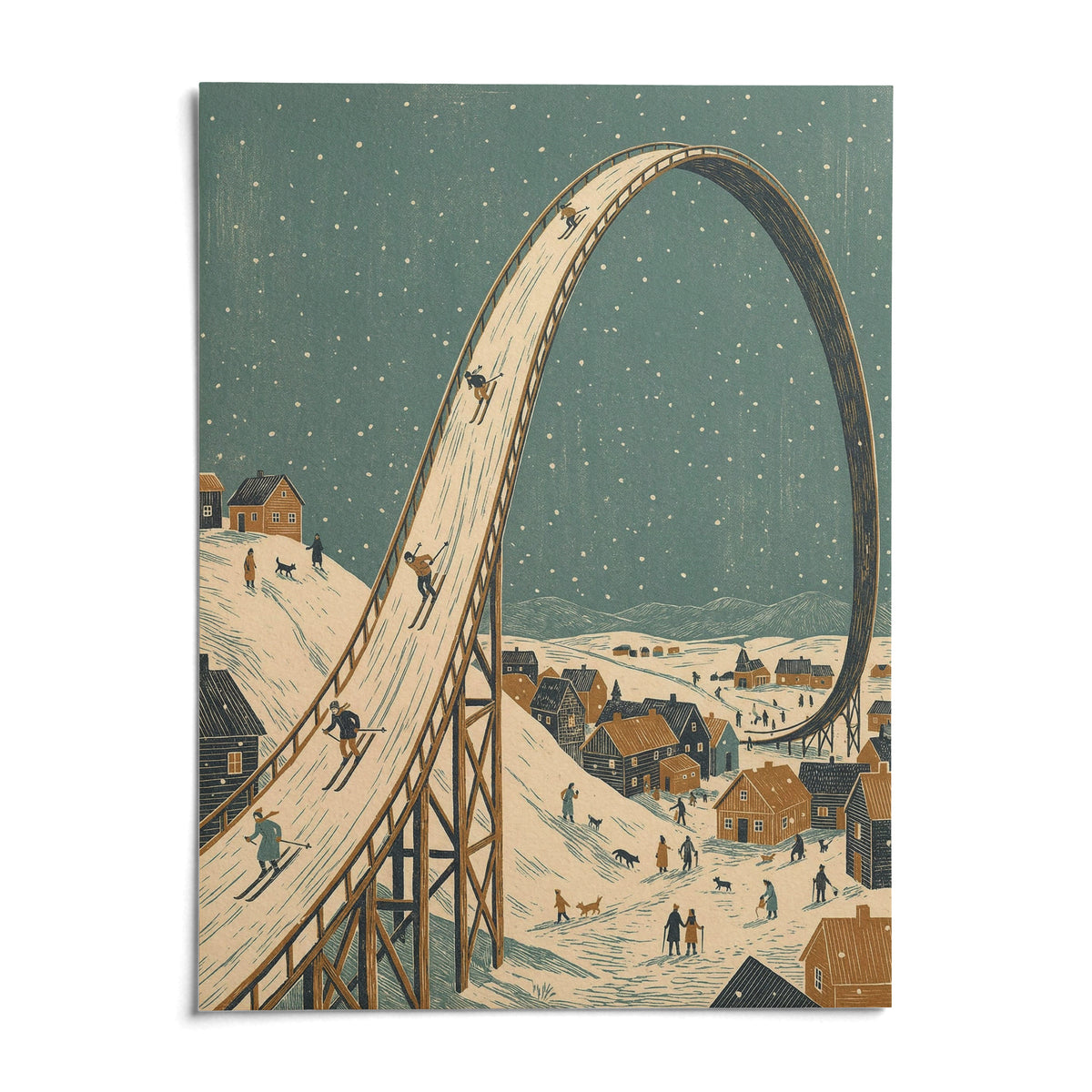 Winter Skiing Art Print, shown as an unframed paper print on a plain white background