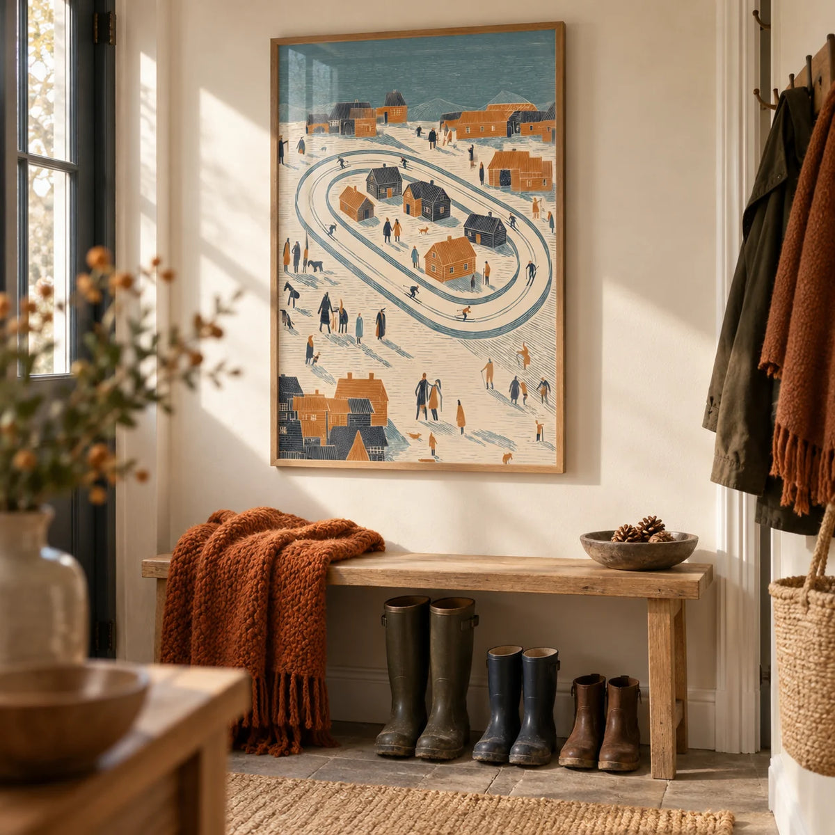 Winter Village Art Print, framed on the wall of a cosy boot room hallway with a cream wall