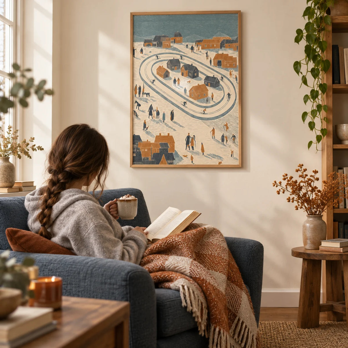 Winter Village Art Print, framed on the wall of a cosy reading corner with a cream wall in a living room