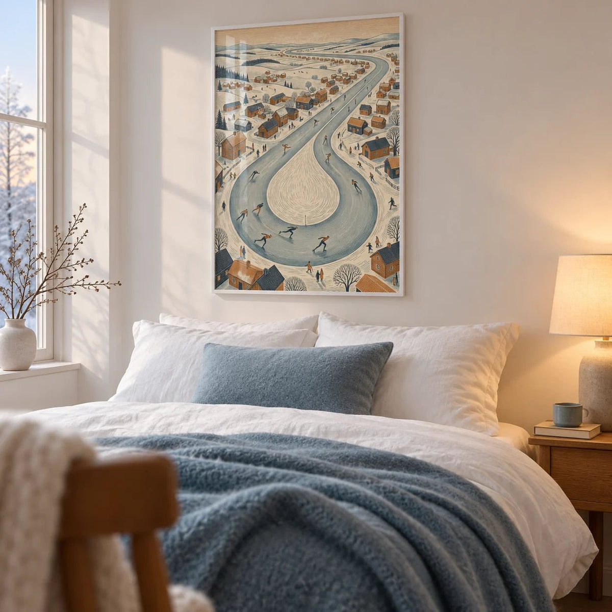 Winter Village Scene, framed on the wall of a calm winter bedroom with a soft white wall
