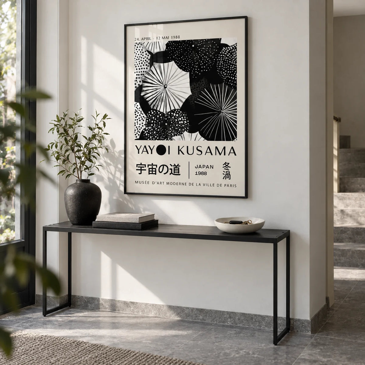 Winter Wall Art, framed on the wall of a crisp entrance hall with a white wall and a grey stone floor