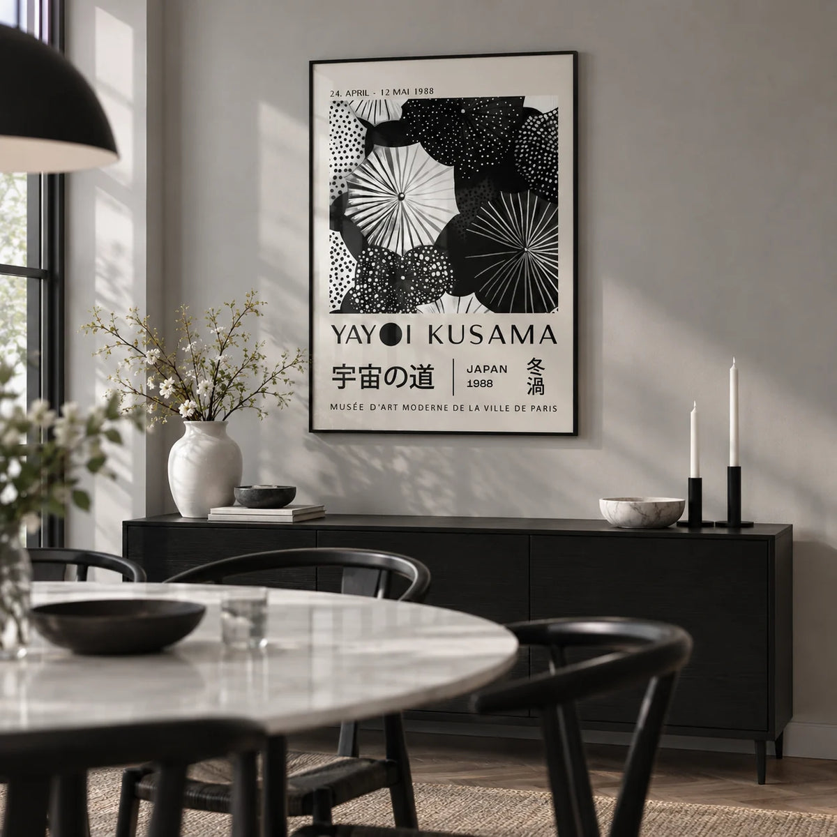 Winter Wall Art, framed on the wall of a modern dining room with a soft grey wall
