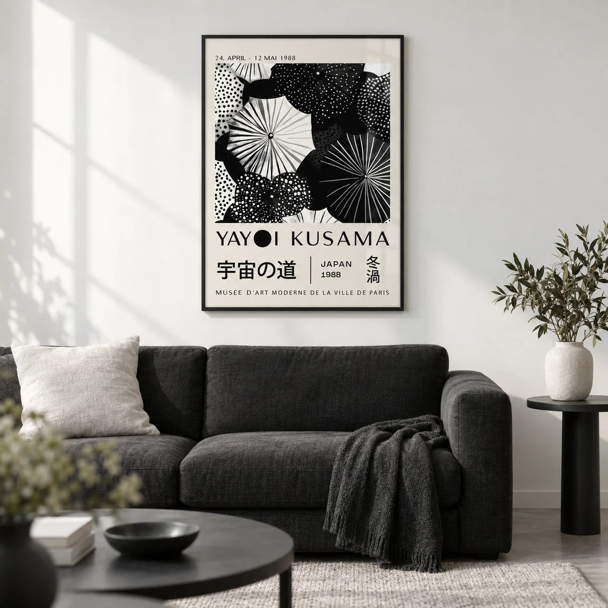 Winter Wall Art, framed on the wall of a monochrome living room with a soft white wall and a pale grey floor