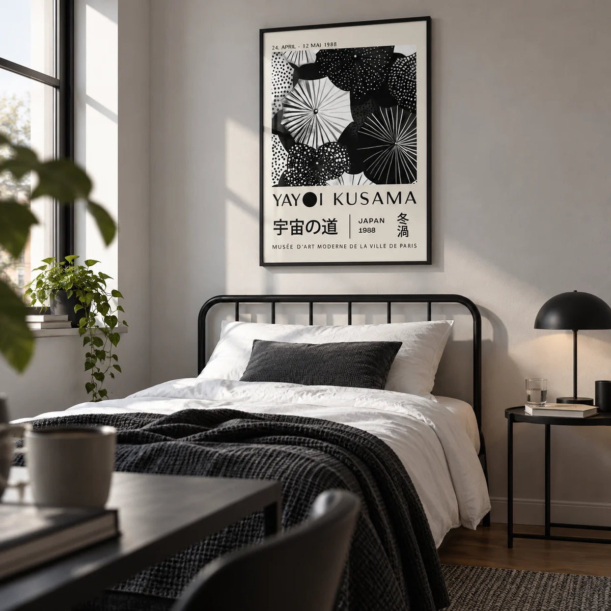 Winter Wall Art, framed on the wall of a monochrome single bedroom for a young adult (18-25) with a light grey wall