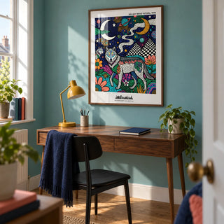 Wolf Galaxy Wall Art, framed on the wall of a compact home study in a UK first flat (22-28) with a muted turquoise wall