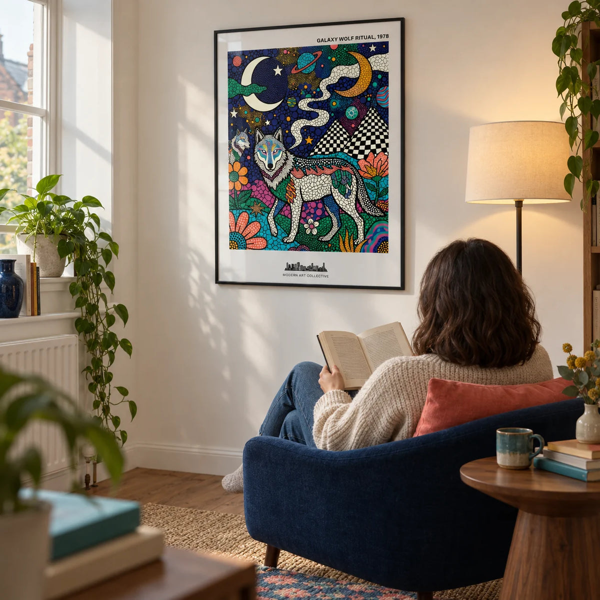 Wolf Galaxy Wall Art, framed on the wall of a contemporary reading corner in a UK maisonette with a soft white wall in a living room