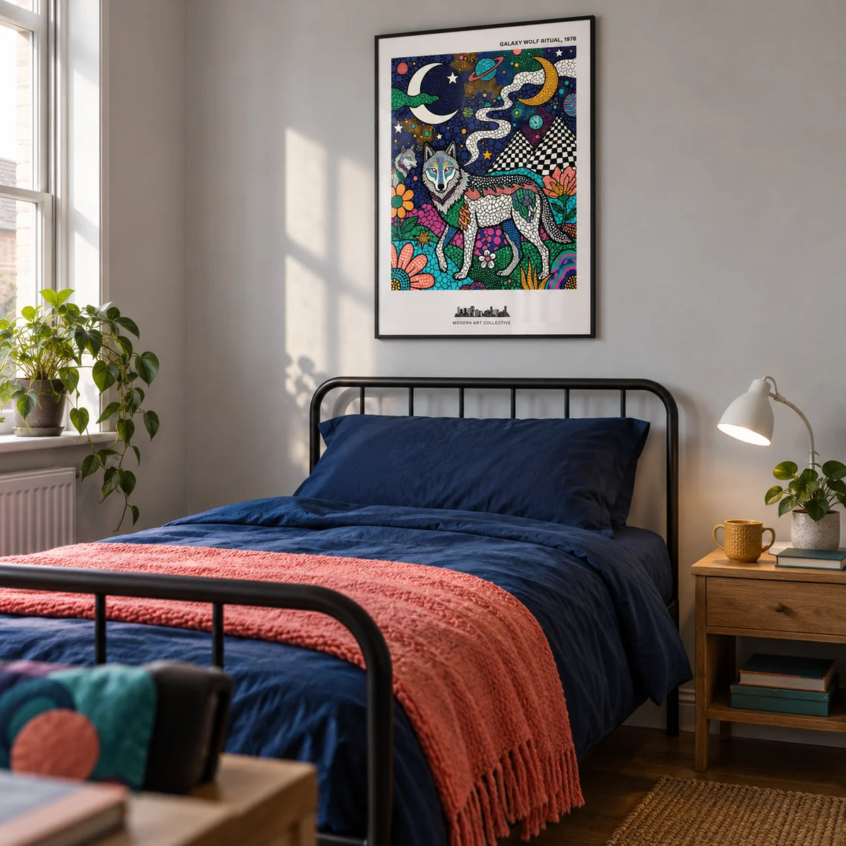 Wolf Galaxy Wall Art, framed on the wall of a creative young adult single bedroom (18-25) in a UK terraced house with a pale grey wall