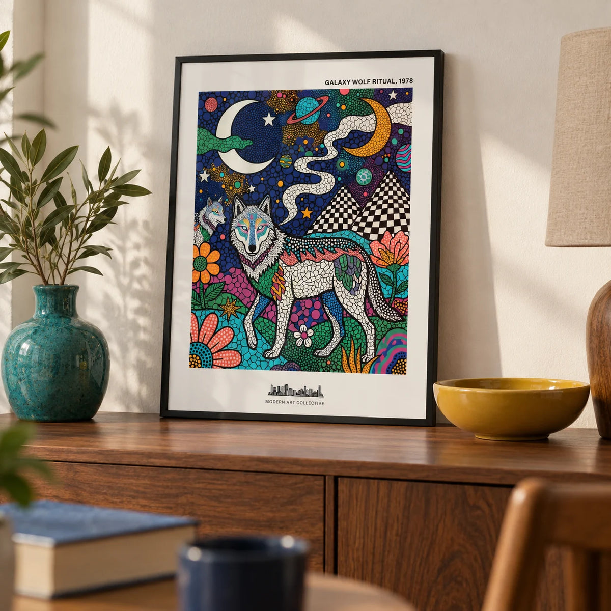 Wolf Galaxy Wall Art, a small A4 framed print leaning on a walnut sideboard in a living room