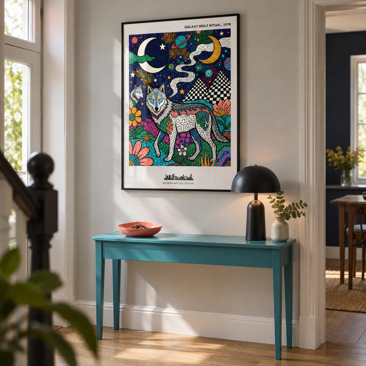 Wolf Galaxy Wall Art, framed on the wall of a welcoming hallway in a modern UK terrace with a pale grey wall and plain oak floor